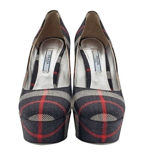 Prada Anthrocite Tartan Platform Heels, Prada Plaid Heels, Prada Heels - Picture 4 of 8